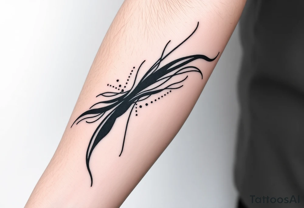 Abstract black line tattoo for a male, inner forearm and elbow area.
Broken, segmented flowing lines, sharp turns, mechanical rhythm, subtle dot accents.
Not delicate, not ornamental, technical and controlled motion.
Black ink only, no shading, photo-accurate tattoo design. tattoo idea