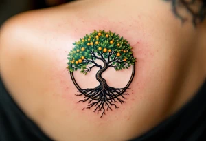 A forest green tree of life inside a round frame of braided roots and glowing amber fruits. tattoo idea