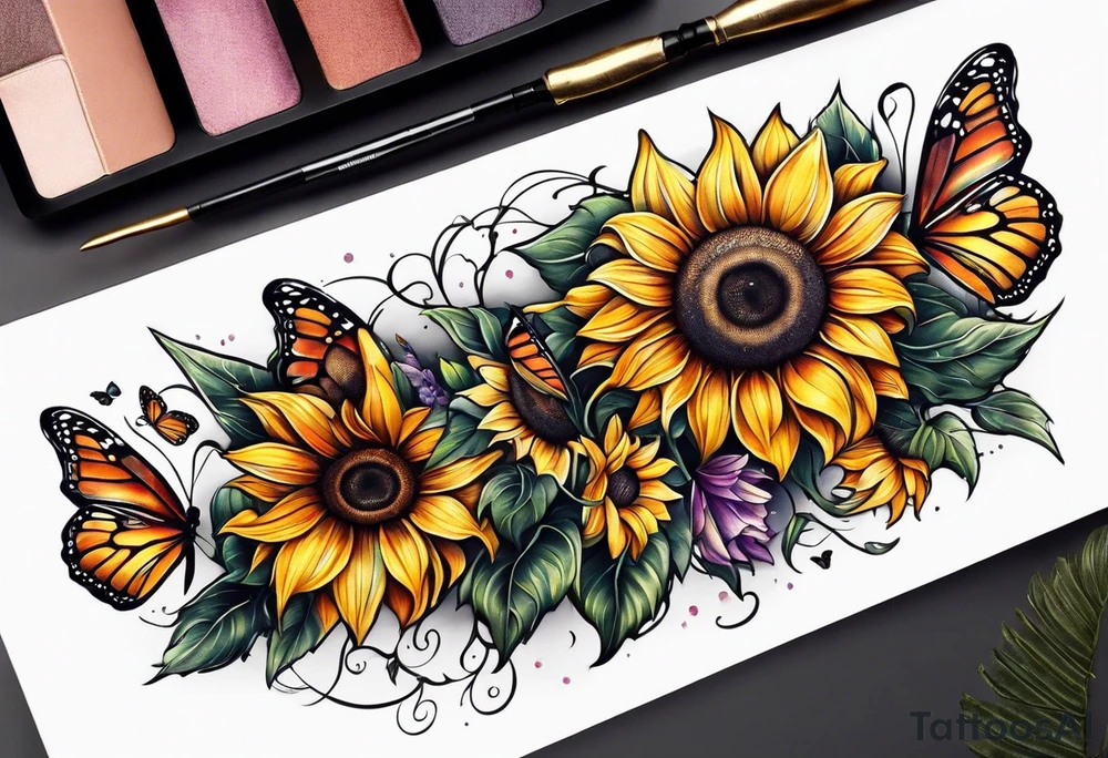 Sunflower and butterfly leg sleeve tattoo idea