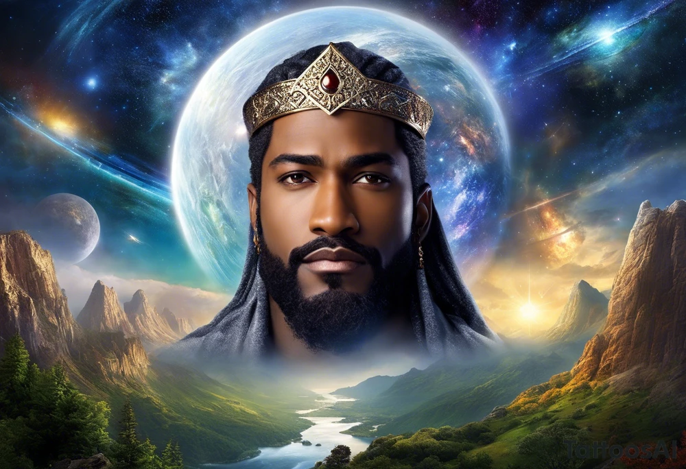 Jehovah looking out at the marvels of his creation from the atoms to the galaxy and celestial beings. With grey wash and a fantasy theme. Jehovah has to be a character who is so majestic, charismatic, immensely powerful. There isnt a single thing he isnt capable of doing. Infinitely powerful forward facing. Without the pagan styled attire and without the pagan symbols etceterashirtless, large muscular athletic physique, deep muscle definition tattoo idea