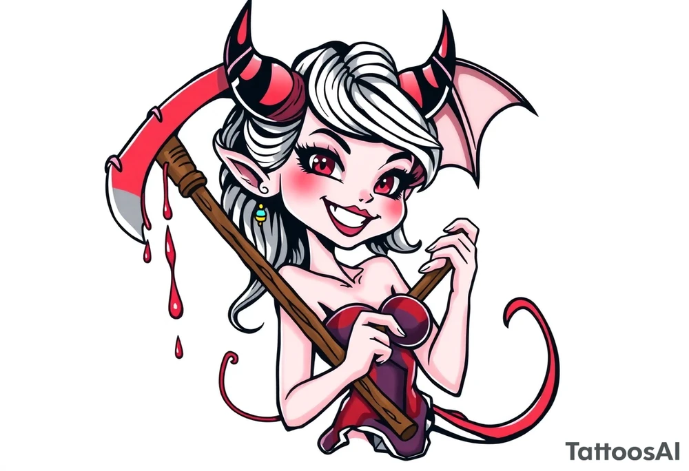Pinup demon girl smiling while holding a bloody hatchet tattoo idea