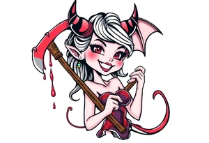 Pinup demon girl smiling while holding a bloody hatchet tattoo idea