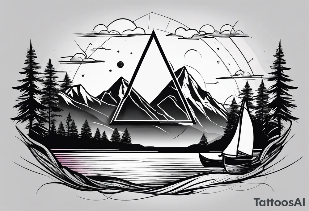 Two triangles, one triangle has the a mountain landscape during the night and the other one has beach sunset landscape. tattoo idea