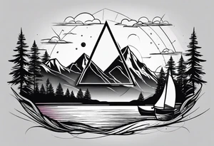 Two triangles, one triangle has the a mountain landscape during the night and the other one has beach sunset landscape. tattoo idea