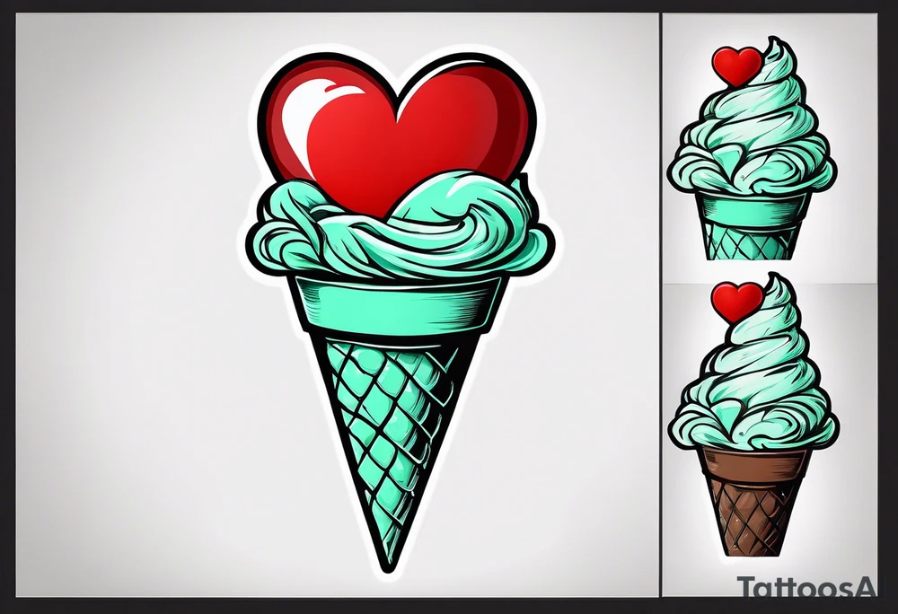simple mint chocolate chip ice cream cone with small red heart on it somewhere. tattoo idea