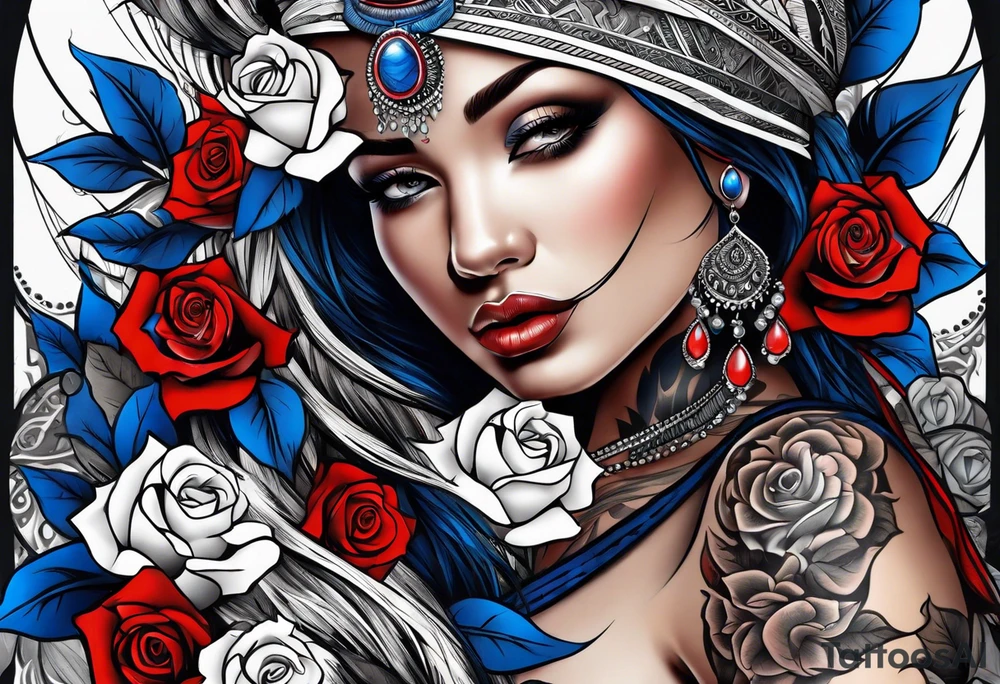 Tribal woman Colored blue and red roses tattoo idea