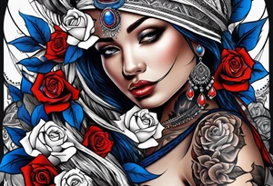 Tribal woman Colored blue and red roses tattoo idea