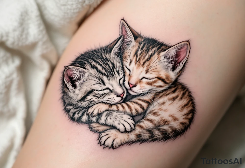 A cat and kitten in black ink intertwined in sleep represents warmth, trust, and quiet love. tattoo idea