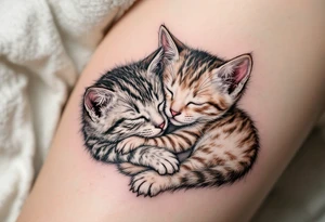 A cat and kitten in black ink intertwined in sleep represents warmth, trust, and quiet love. tattoo idea