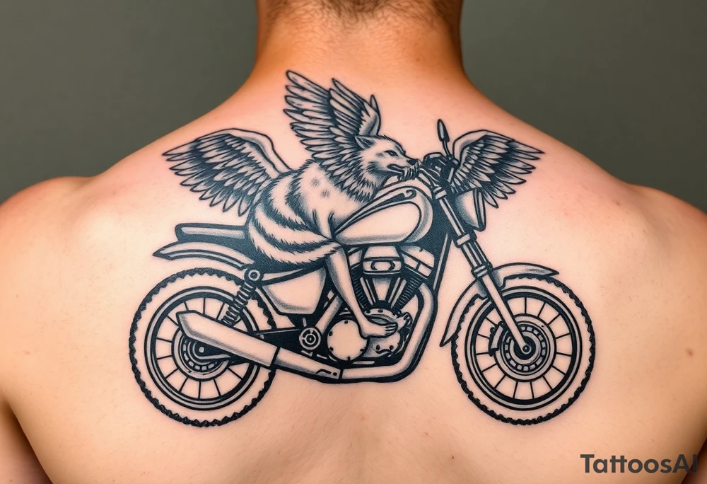 a motorcycle on it with guardian angel wolves on the bike tattoo idea