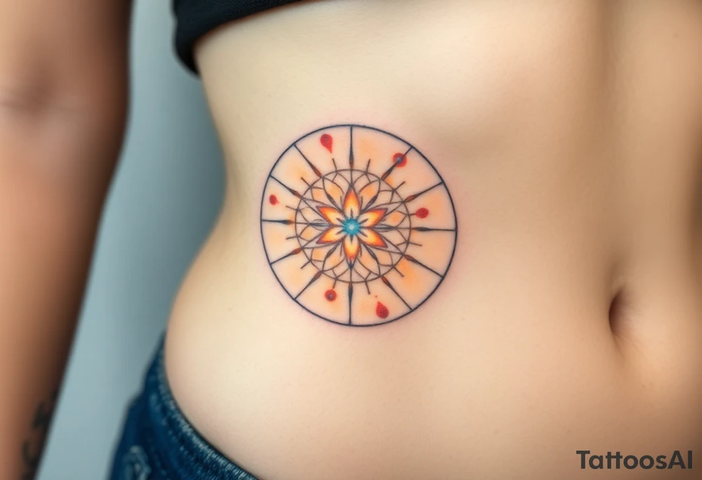 A floating Flower of Life with a glowing aura in round cyrcle, appearing as if suspended in space tattoo idea