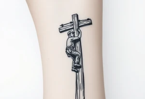 power lineman climbing a wooden 12kv pole. Make the pole a cross that has a hidden resemblance to god. tattoo idea