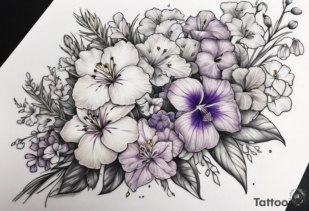 Bouquet tattoo tied with a ribbon With the following flowers on forearm. 
Carnations
Lilly’s 
Larkspur 
Morning glory 
Iris 
Yellow cedar
Yellow elder 
Forget me not 
Purple violets 
Lingum vitae 
Dogwood flower tattoo idea