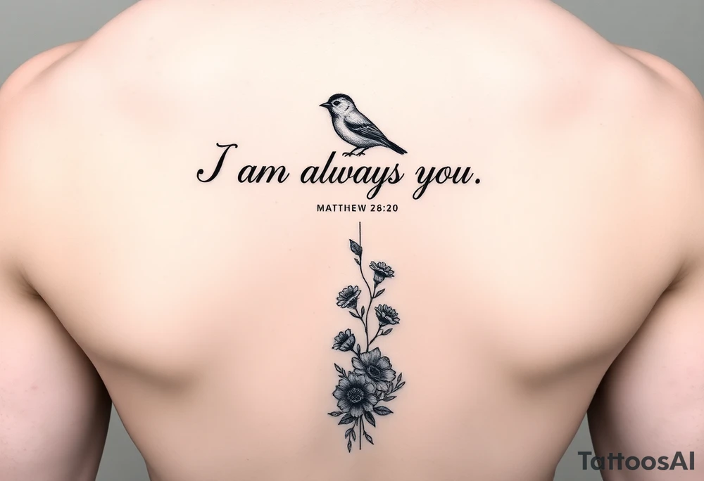 Bible verse “I am always with you Matthew 28:20” with a dainty bird on top with small flowers on the bottom going vertical down the spine tattoo idea