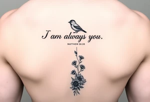 Bible verse “I am always with you Matthew 28:20” with a dainty bird on top with small flowers on the bottom going vertical down the spine tattoo idea