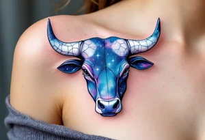 Cosmic Bull Head – Starry-textured bull hide in midnight blue and violet, speckled with faint constellations, and horns made of cracked white stone. tattoo idea