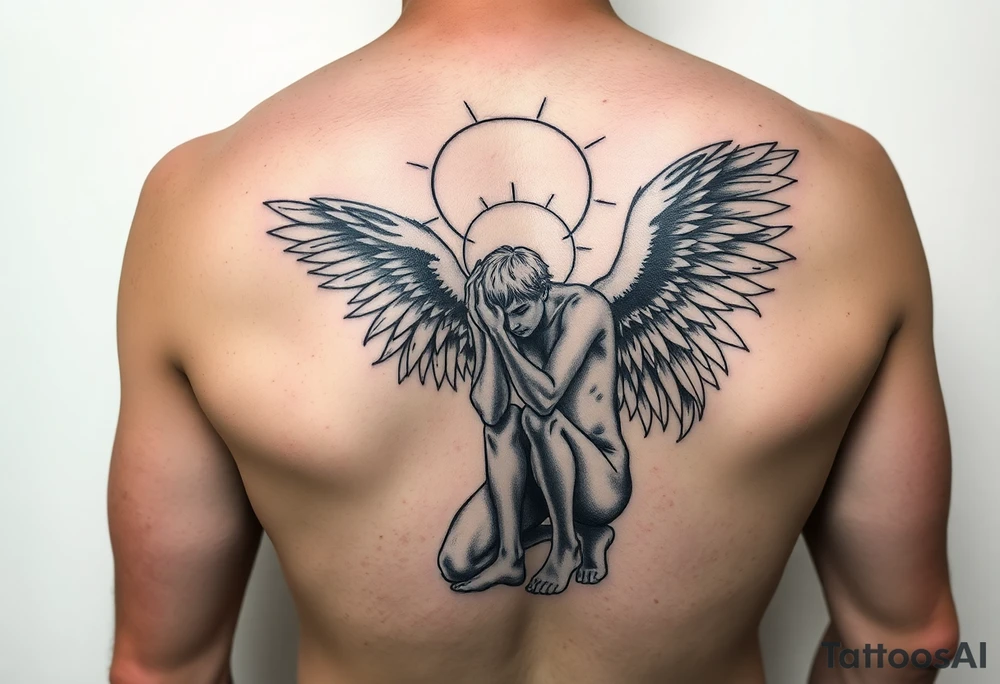 Man fallen angel on his knees tattoo idea