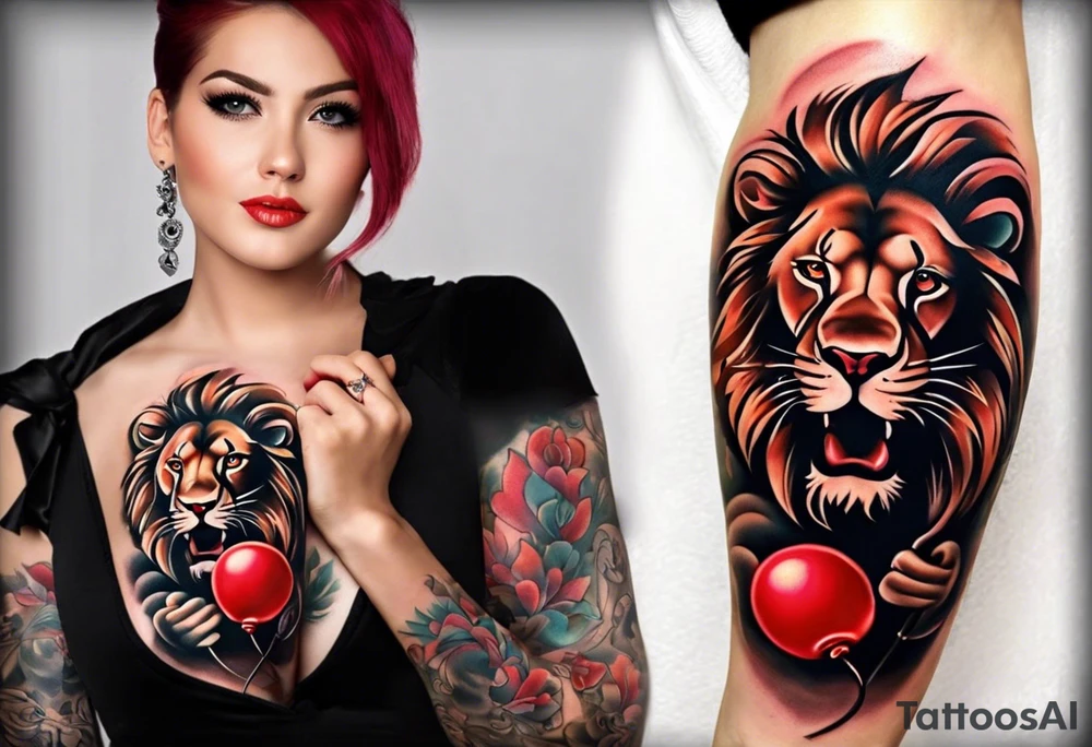 tattoo design should be in the layout of the famouse picture"small princ"  where it should remind me that I survived,and my life was saved by my husband, and he should be represented in the tattoo as a young lion holding a balloon held in the muzzle.
The baloon which is red and in Hearth shape. The whole body of lion should be visible and more abstract not so realistic.The lion is holding the string of the baloon in the muzzle. The string from the balloon should have a heartbeat pulse.The baloon should be red colored, and the rest of the image should be black only. tattoo idea