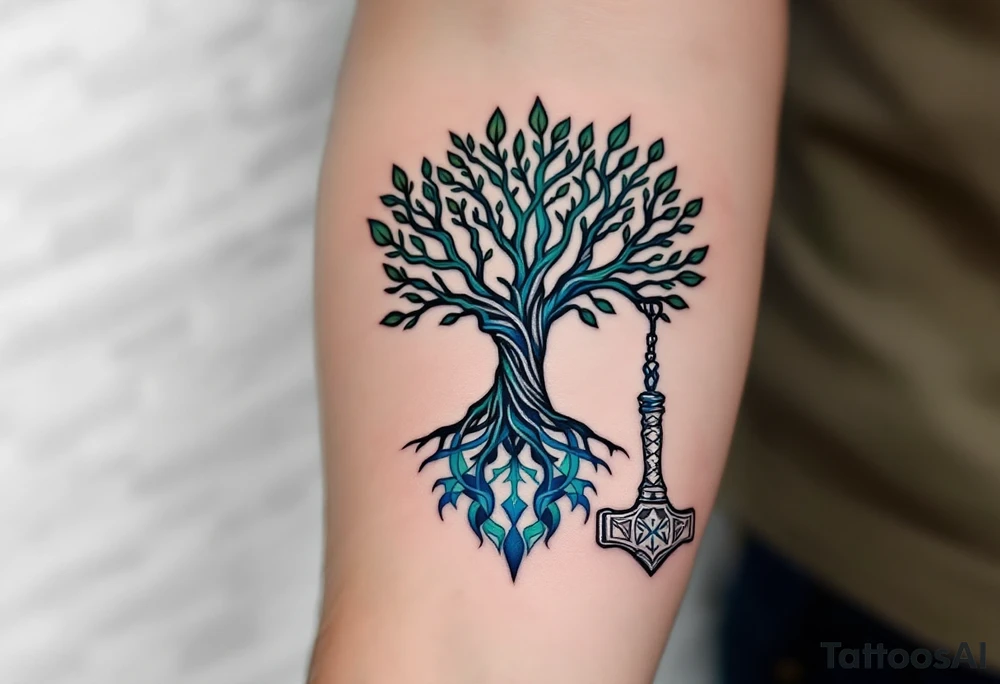 A Nordic tree of life (Yggdrasil) with Mjölnir hammer hanging from one of its branches, in shades of green, blue, and silver. tattoo idea