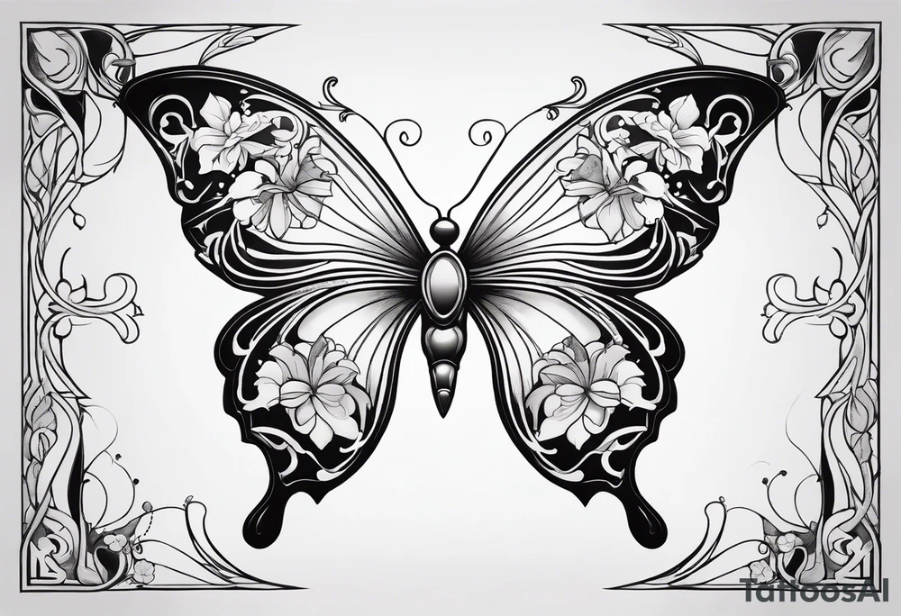 Elegant butterfly with Alphonse Mucha-inspired Art Nouveau curves, flowing organic lines forming the wings, and subtle floral motifs embedded within. tattoo idea