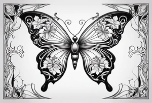 Elegant butterfly with Alphonse Mucha-inspired Art Nouveau curves, flowing organic lines forming the wings, and subtle floral motifs embedded within. tattoo idea