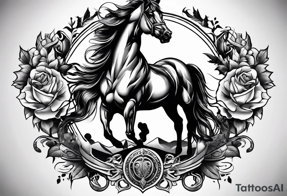 black and white tattoo mix of horse and guns tattoo idea