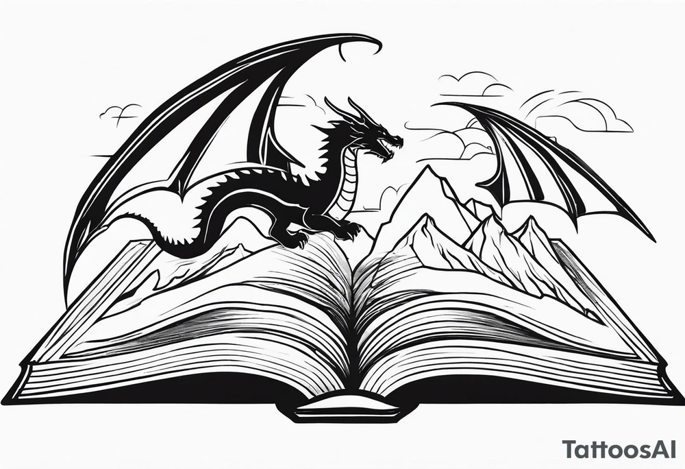 A large open book. a dragon with scales and four legs flying high in the sky. three mountains tattoo idea