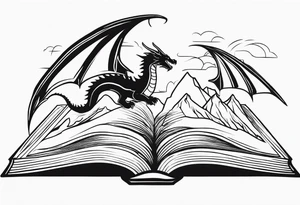 A large open book. a dragon with scales and four legs flying high in the sky. three mountains tattoo idea
