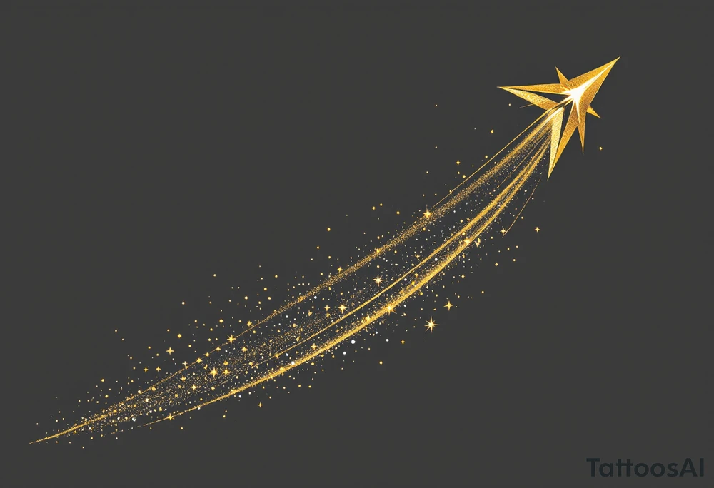 A shooting star with a long, flowing trail of golden past an archer's bow. The bow itself is earthy brown with a touch of copper highlights, while the star’s trail is dotted with bright yellow and white sparks, symbolizing Sagittarius' pursuit of dreams and ambitions. tattoo idea