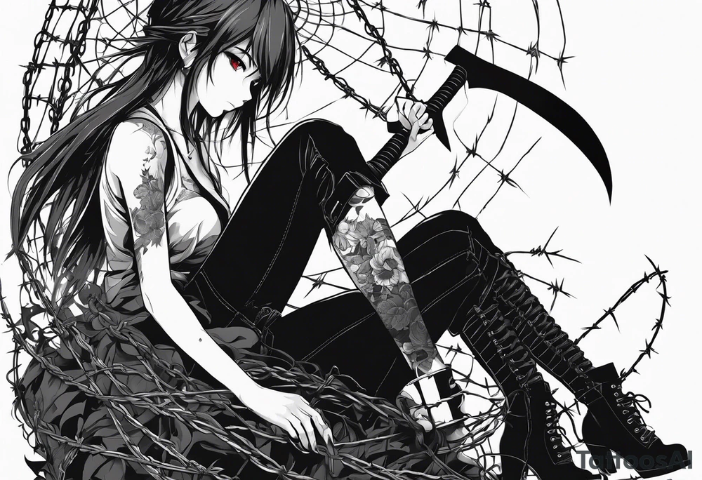 a bleeding anime girl holding an axe, sitting on a ball, surrounded by barbed wire tattoo idea