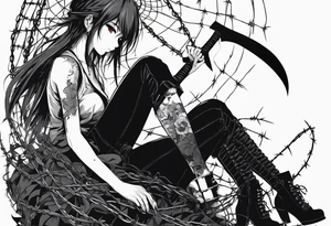 a bleeding anime girl holding an axe, sitting on a ball, surrounded by barbed wire tattoo idea