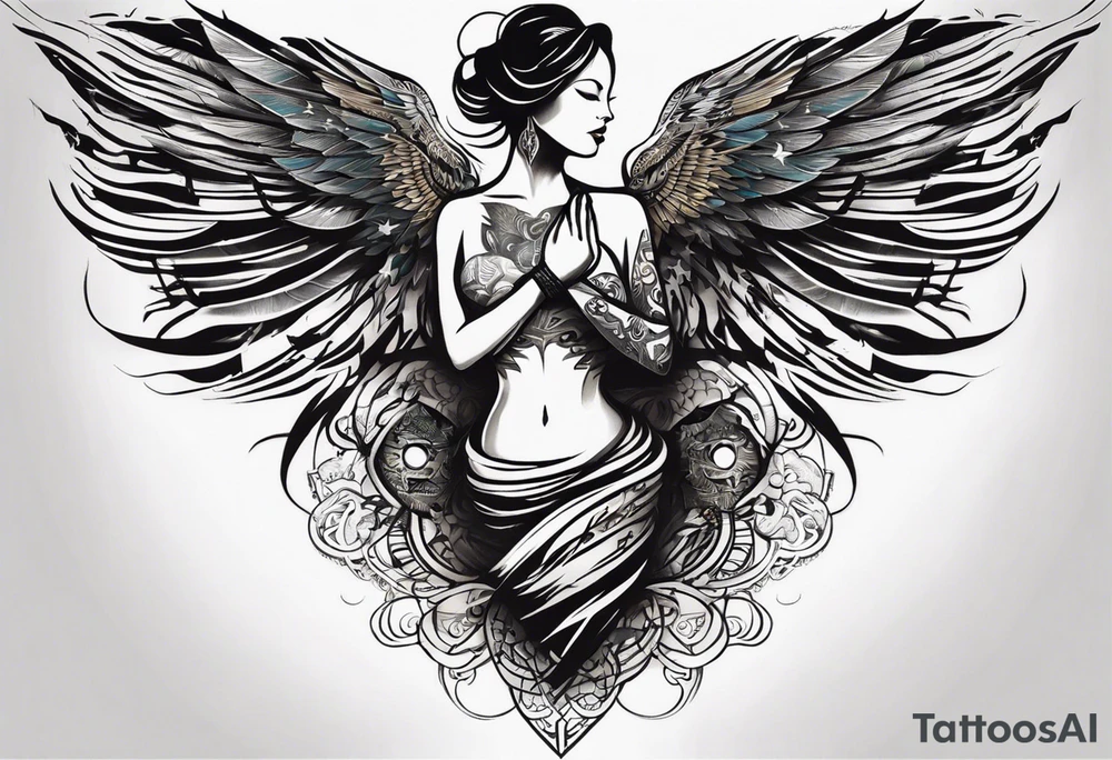 Wide tattoo that appears to be bursting out of the skin, symbolizing freedom. The tattoo should be vibrant and dynamic, with bold lines and colors that evoke a sense of liberation and empowerment. Consider incorporating elements such as broken chains, or other symbols of freedom. The tattoo should be visually striking and thought-provoking, inviting the viewer to reflect on the importance of personal freedom. tattoo idea