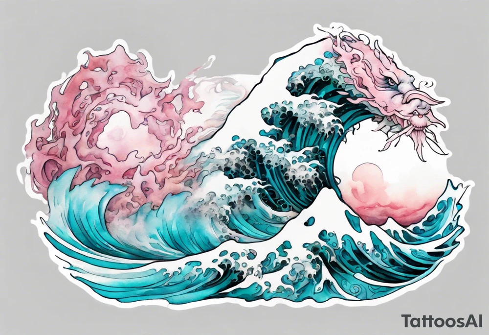 a beautiful turquoise and white and pink dagon rising from the blue waves of the ocean tattoo idea