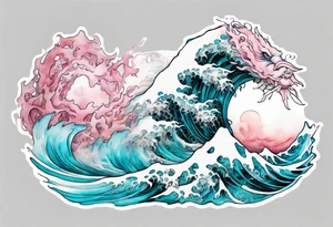 a beautiful turquoise and white and pink dagon rising from the blue waves of the ocean tattoo idea