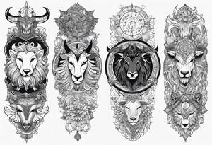 Zodiac animals arm sleeve with Taurus, Gemini, Cancer, Leo, and Sagittarius tattoo idea