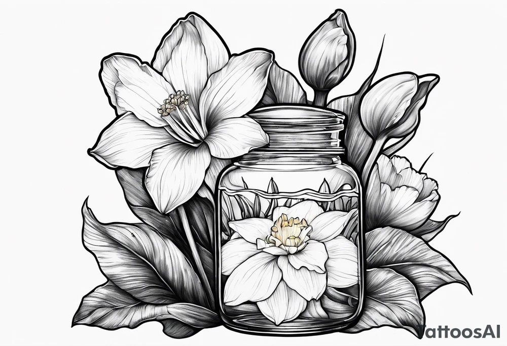 A daffodil a water lily and a morning glory in a jar tattoo idea