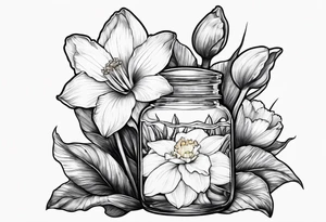 A daffodil a water lily and a morning glory in a jar tattoo idea