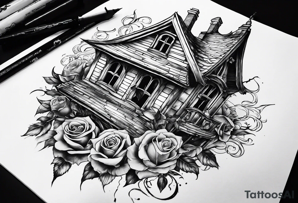 fool sleeve,, abandoned old gotic house, broken sword, roses, tattoo idea