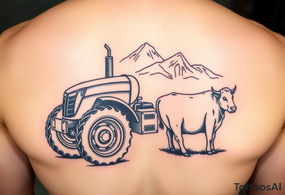 massey Ferguson tractor, cow and mountian tattoo idea