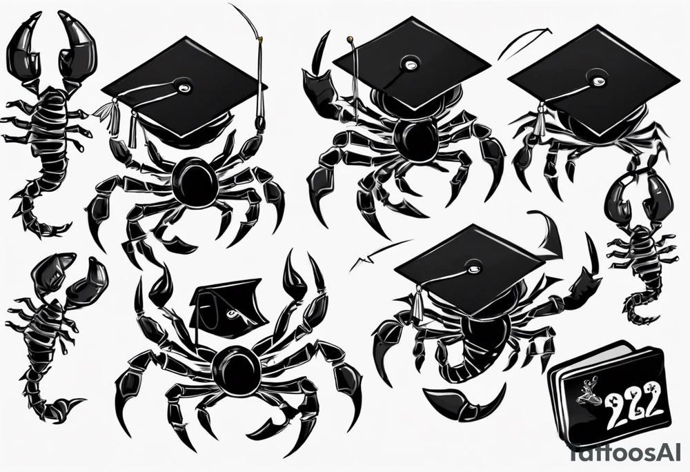 cute scorpion wearing a graduation cap that says 2023, with the background that represents game development and designs tattoo idea