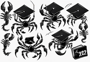 cute scorpion wearing a graduation cap that says 2023, with the background that represents game development and designs tattoo idea