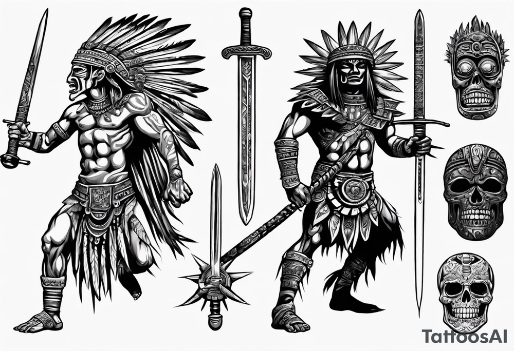 aztec warrior with a spiked obsidian sword fighting against the god of death at night with moonlight skys tattoo idea