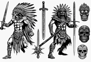 aztec warrior with a spiked obsidian sword fighting against the god of death at night with moonlight skys tattoo idea
