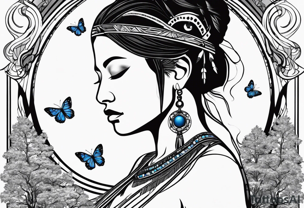 Tree of life with upper left branches framing a native American woman's face as she looks down onto the trees base and a lonely woman kneels there with 1 blue butterfly tattoo idea