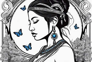 Tree of life with upper left branches framing a native American woman's face as she looks down onto the trees base and a lonely woman kneels there with 1 blue butterfly tattoo idea