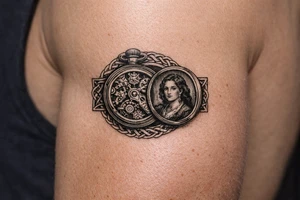 Victorian pocket watch, Margo's portrait inside, intricate brass clockwork mechanism. add celtic pattern around area tattoo idea