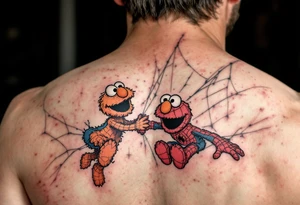 Elmo and spiderman from a web bright colore tattoo idea