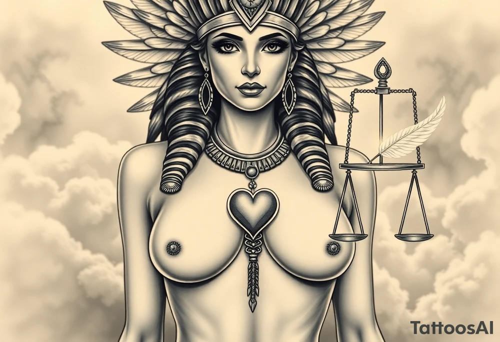Beautiful Egyptian goddess with a curvy body and breasts showing. She is wearing an ostrich feather headdress, and intricate ancient Egyptian jewelry the Anhk necklace. Background includes something similar to heaven. Incorporate the Scales of Justice—one side holding a heart, the other Ma’at’s feather—glowing with ethereal energy. Emphasize dramatic lighting, deep shadows, and surreal, mystical atmosphere tattoo idea