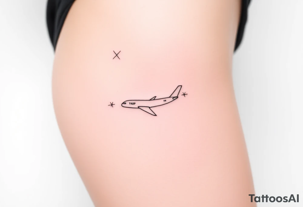 Line tattoo scene with plane, play symbol, pause symbol, stop symbol, rewind symbol, mental health awareness tattoo idea