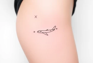 Line tattoo scene with plane, play symbol, pause symbol, stop symbol, rewind symbol, mental health awareness tattoo idea